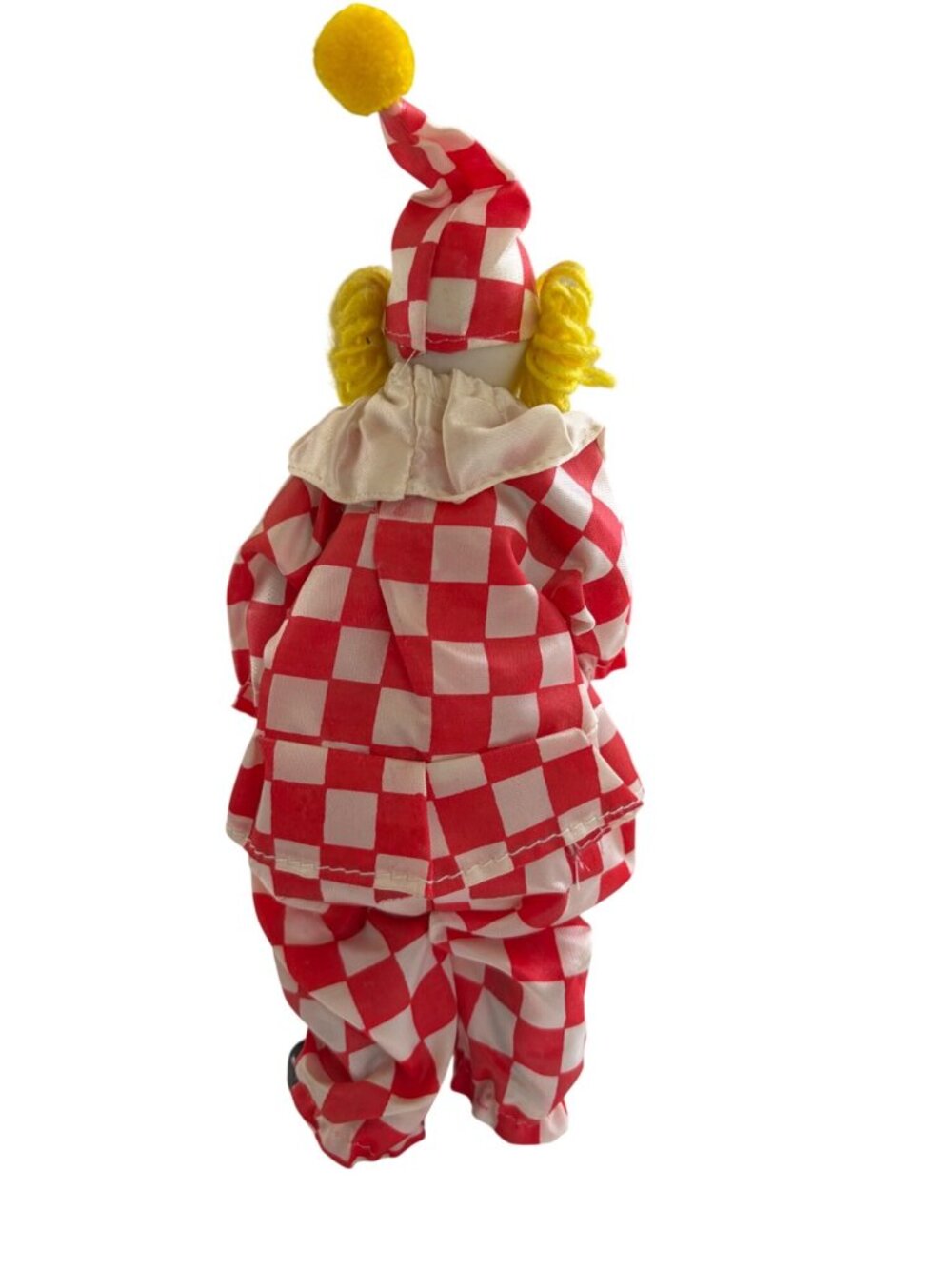 Vintage Red & White Harlequin Checkeredboard Clown Doll Yarn Hair Figurine - Picture 4 of 14